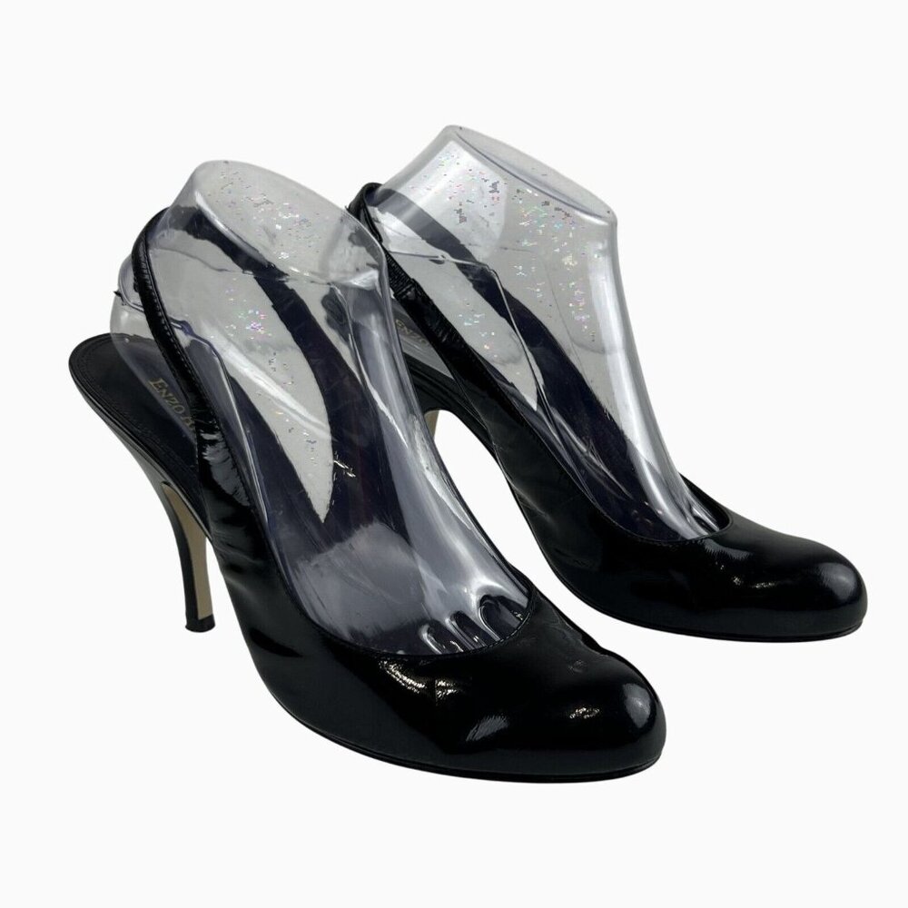 Enzo Angiolini Black Patent Leather Preppy Classic Chic Slingback Stilettos 7.5M